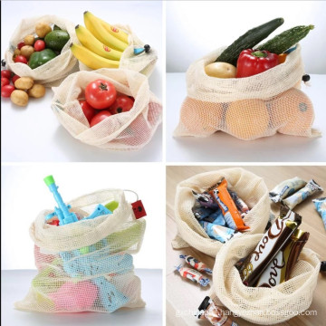 Dapoly eco friendly reusable cotton grocery mesh drawstring fruits and vegetable shopping bag